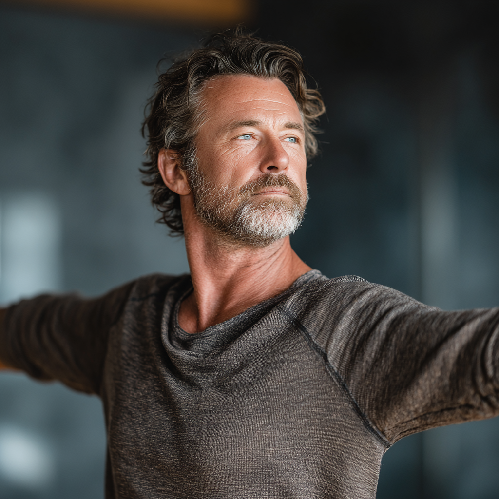 Peaceful middle-aged man in his late 40s practicing gentle yoga stretches in a bright modern studio, wearing neutral colored comfortable clothing, showing focused concentration while performing a standing pose with arms extended