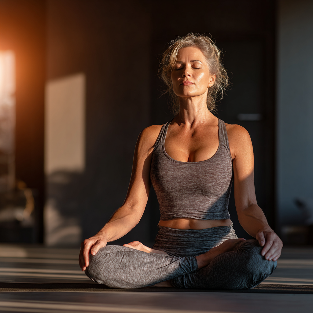 Serene middle-aged woman in her 50s practicing yoga meditation in lotus position on a mat indoors, wearing comfortable gray activewear, with peaceful facial expression and natural lighting creating a calming atmosphere